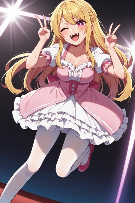 score_9, score_8_up, score_7_up, source_anime, 1girl, prefect lighting, very aesthetic, intricate details, highly detailed background, masterpiece, high quality, prefect hands, best quality, solo,
<lora:Ruby_Hoshino_Oshi_No_Ko_V1:.85>, KJOruby, blonde hair, pink eyes, ((one star-shaped pupil)), long hair,
pink frilled dress, idol dress, puffy short sleeves, white pantyhose,
from below, leaning forward, standing on one leg, one arm up, double peace sign, smile, blush, sweat, dutch angle, fangs, one eye closed,
on stage, stage lights,
(Beautiful, medium Breasts:1.2), natural breasts,