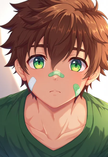 masterpiece, best quality, intricate details, (realistic:0.6), looking at viewer, depth of field, 1boy, solo, male focus, <lora:keitaro_nagame_ilxl:0.96>, keitaro_nagame, brown hair, green eyes, short hair, bandaid on face, , ,