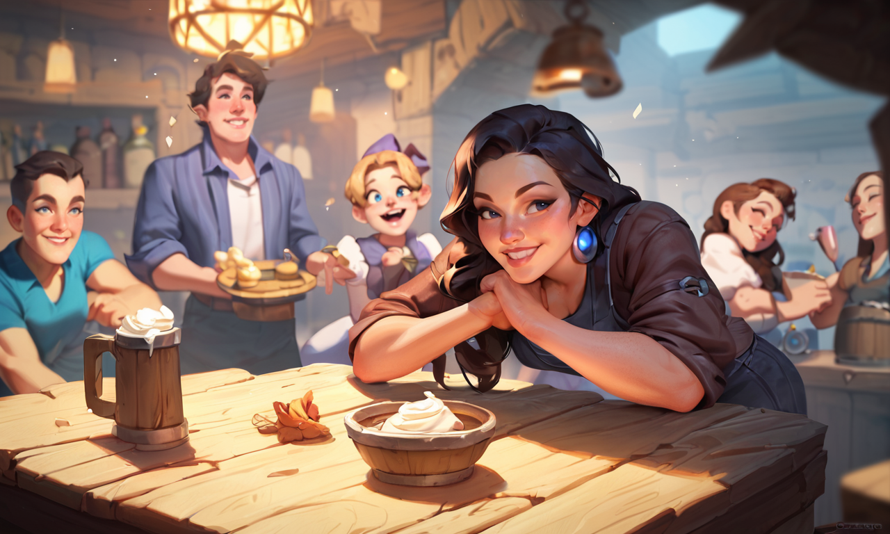 score_9, score_8_up, score_7_up, BREAK, cozy tavern, party, happy, humans, depth of field, hearthstonestyle, <lora:HearthStoneStyle_v1:0.8>