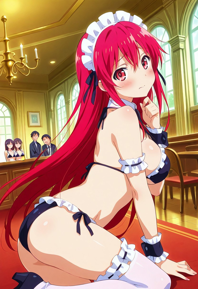 1girl, solo, setogayamari, blush, embarrased, BREAK maid bikini,black bikini, maid headdress, detached collar, thighhighs,frills,ribbon,arm garter,leg garter,wrist cuffs, BREAK indoors, cute pose, mansion, party, crowded place, looking at viewer, colorful, side view, BREAK ((ultra-detailed)), ((best quality)), ((beautiful eyes)), ((extremely detailed)), 4K, (8K), best quality, (beautiful), Master piece, highres, best quality, official art, highres, masterpiece, detailed background, high quality background,