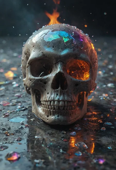 Skull made with crystalline carapace, iridescence color, fine reflection, water on the floor, reflections, intricate complexity details, eyes balls made with crystalline rainbow colors,
Wide range of colors., fire and ice, Dramatic,Dynamic,Cinematic,Sharp details
Insane quality. Insane resolution. Insane details. Masterpiece. 32k resolution.
