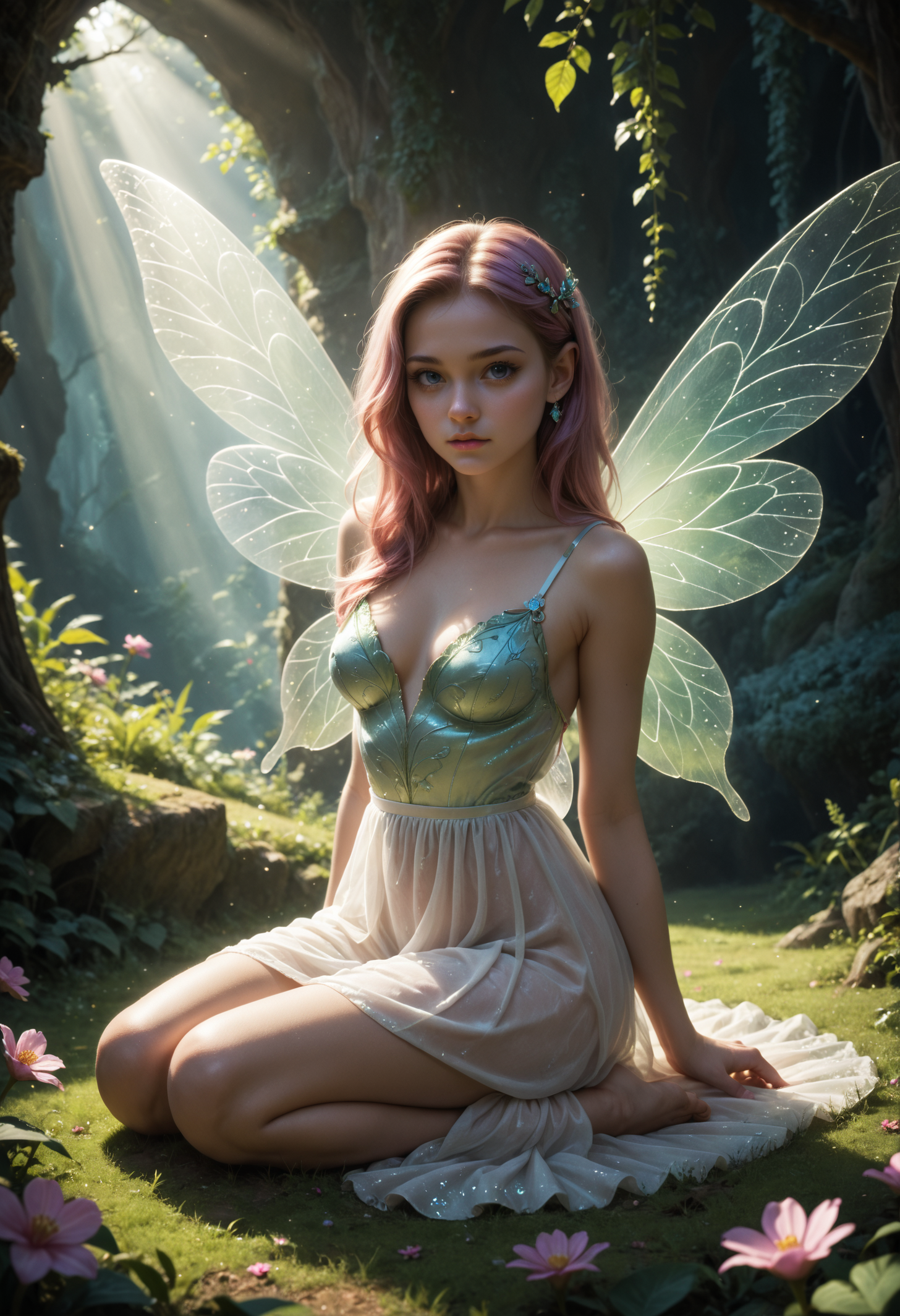 score_9, score_8_up, score_7_up, score_6_up, rating_explicit,
1girl, beautiful fairy, sexy pose, [transparent white silk:naked:0.5], enchanted valley, mystical, blossom, sitting, clearing, dramatic lighting, shimmering wings, dusk, backlit, detailed realistic photo <lora:zavy-cntrst-sdxl:0.7>
