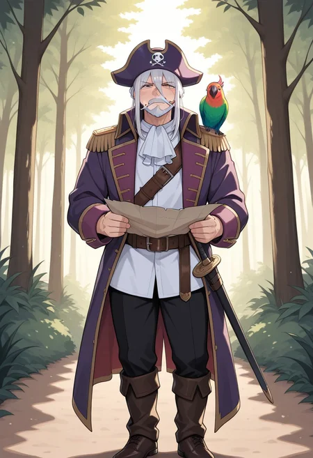 masterpiece, best quality, absurdres, newest, perfect quality, best quality, absolutely eye-catching, detailed background, intricate details, mbti_entj, 1boy, mature man, aged man, solo, male focus, silver hair, long hair, man bun, long bangs, moustache, beard, scar on face, pirates suit, purple hat, white shirt, purple jacket, black pants, sea ornament on waist, brown belt, black leather shoes, parrot, parrot perch on shoulder, sword on waist, outdoor, forest, shadow, warm natural lighting, lively and bustling atmosphere, background details visible, annoyed expression, sweating, cigarette on mouth, teeth, holding map