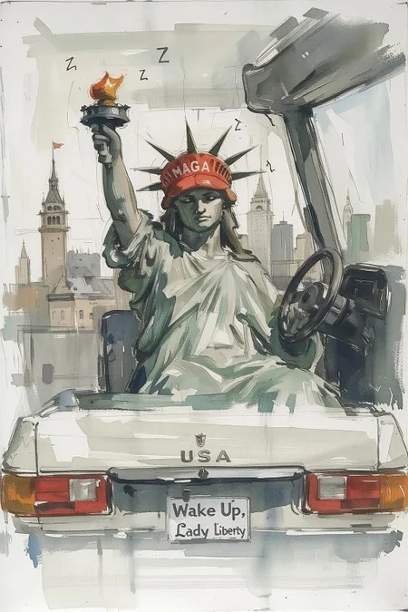 Wcol style. Sketch painting of the Statue of Liberty, seated in the driver's seat of an oversized car. She's wearing a bright red MAGA hat, withe the word "MAGA" written on it, and she is sleeping, one hand lazily gripping the wheel while her torch rests on the passenger seat. The car's dashboard has a classic "USA" emblem, and there are tiny Z's floating above her head, showing she's drifting into sleep.
Outside the car windows, familiar American landmarks blur past, adding to the sense of her dozing while at the wheel. A quirky bumper sticker on the back of the car reads: "Wake Up, Lady Liberty!"
<lora:schnell_v1.0:1.0> <lora:Eldritch_Paint_Sketch_for_Flux_1.0.5:0.7> <lora:FLUXWatercolorV3:0.8><lora:791730848539069579:0>