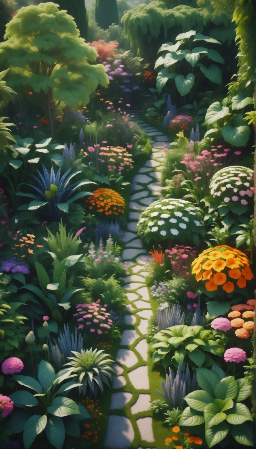 an aerial shot of a beautiful, blooming garden, with colorful flowers and lush greenery. But there are strange, otherworldly plants and creatures hiding among the foliage, giving the garden a surreal and mysterious quality, Dreamy, photorealistic, 8k octane render