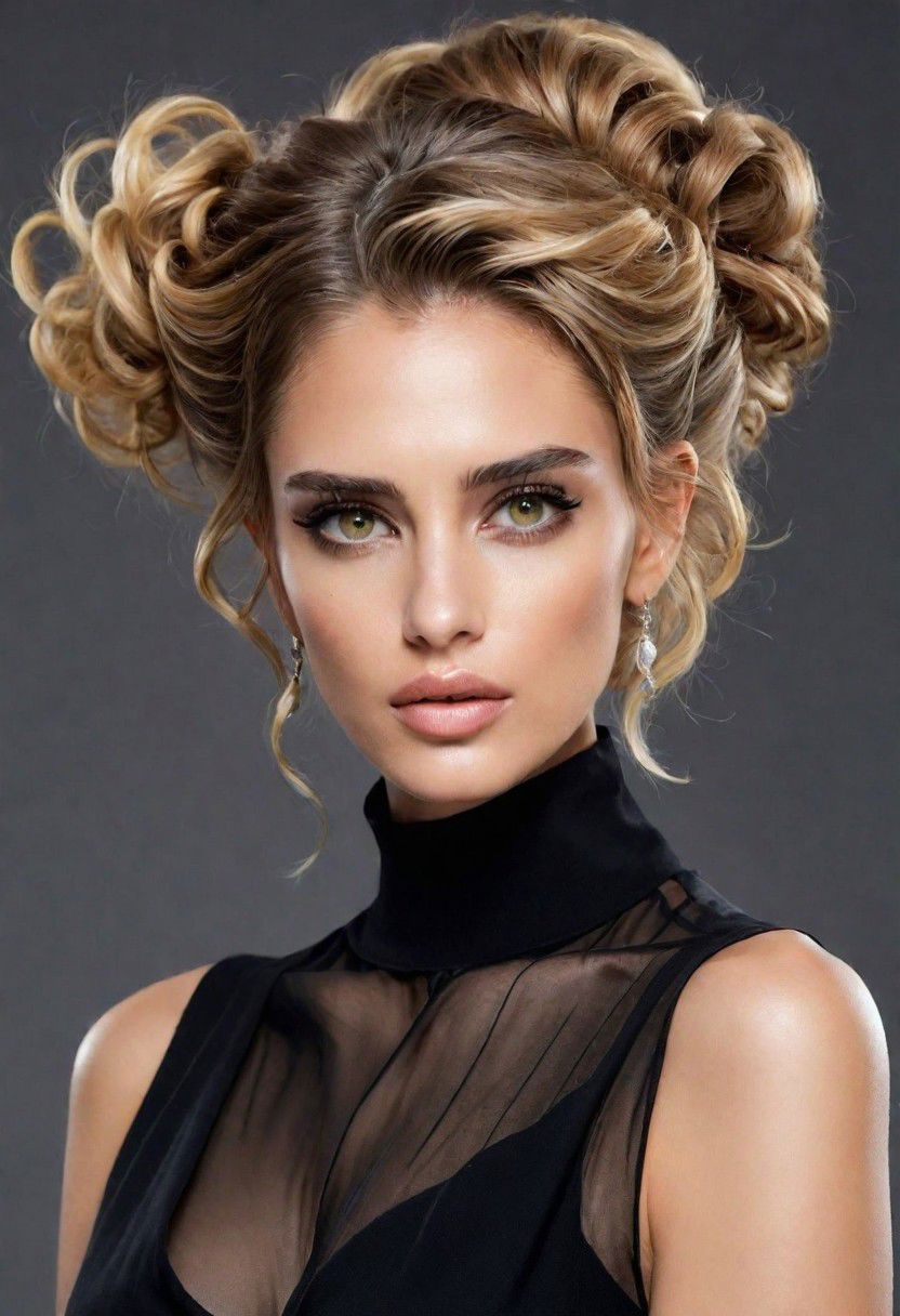 A detailed portrait of a young woman exuding elegance and natural grace. She has a voluminous updo hairstyle with wisps of hair tenderly framing her face. Her hazel eyes are accentuated by tasteful makeup, s. She wears a high-necked black top, suggesting a blend of casual refinement. The lighting should illuminate her face against a subdued background, emphasizing her calm and confident expression. High Fashion, dynamic, dramatic, elegant, High fashion supermodel, avant garde style
fFaceDetaile