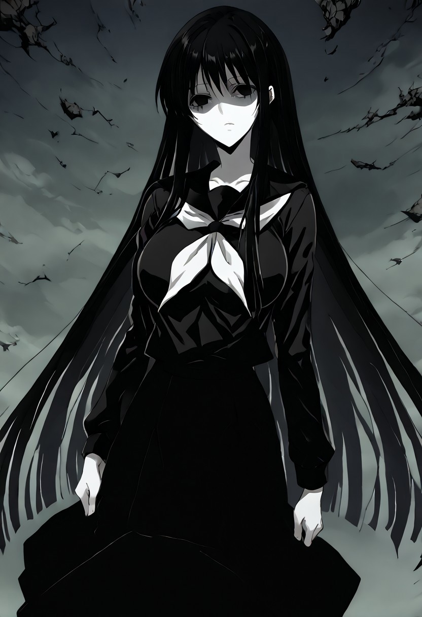 score_9, score_8_up, score_7_up, score_6_up, score_5_up, score_4_up, source_anime, 1girl, 1others, solo, 
hagoromogitsune,monochrome girl,shaded face,empty eyes,black hair,pale skin,white skin,large breasts,very long hair,
school uniform,black serafuku,serafuku,black shirt,black skirt,
masterpiece, best quality, very aesthetic, absurdres,