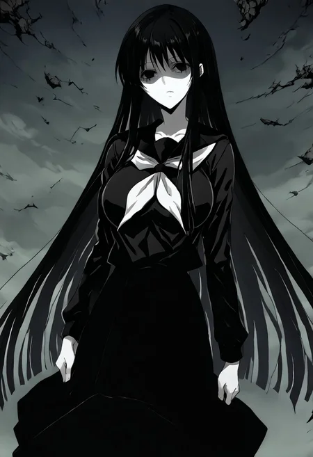 score_9, score_8_up, score_7_up, score_6_up, score_5_up, score_4_up, source_anime, 1girl, 1others, solo,
hagoromogitsune,monochrome girl,shaded face,empty eyes,black hair,pale skin,white skin,large breasts,very long hair,
school uniform,black serafuku,serafuku,black shirt,black skirt,
masterpiece, best quality, very aesthetic, absurdres,