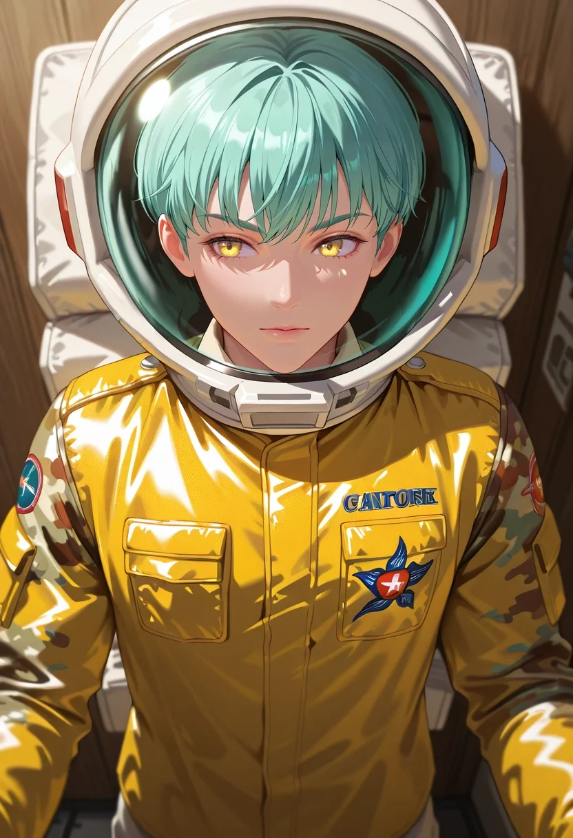 masterpiece, best quality, , semi-realistic, , 1boy, solo, male focus, <lora:sariel_nnt_ilxl:0.9>, sariel_nnt, aqua hair, yellow eyes, short hair, , , Cashmere Damask HotPink Camo joggers, Dress shirt, , Astronaut helmet,