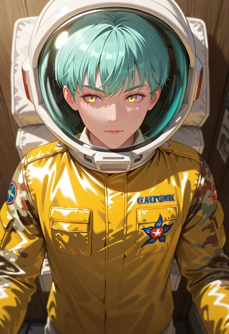 masterpiece, best quality, , semi-realistic, , 1boy, solo, male focus, <lora:sariel_nnt_ilxl:0.9>, sariel_nnt, aqua hair, yellow eyes, short hair, , , Cashmere Damask HotPink Camo joggers, Dress shirt, , Astronaut helmet,