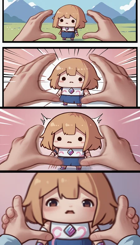 score_9, score_8_up, score_7_up, source_anime, incrssnootchallenge, comic, pov hands, motion lines, motion blur, 3koma, <lora:SnootChallenge_XLPD:1>, 1girl, <lora:Phdpigeon_XLPD:1> chibi, dot eye