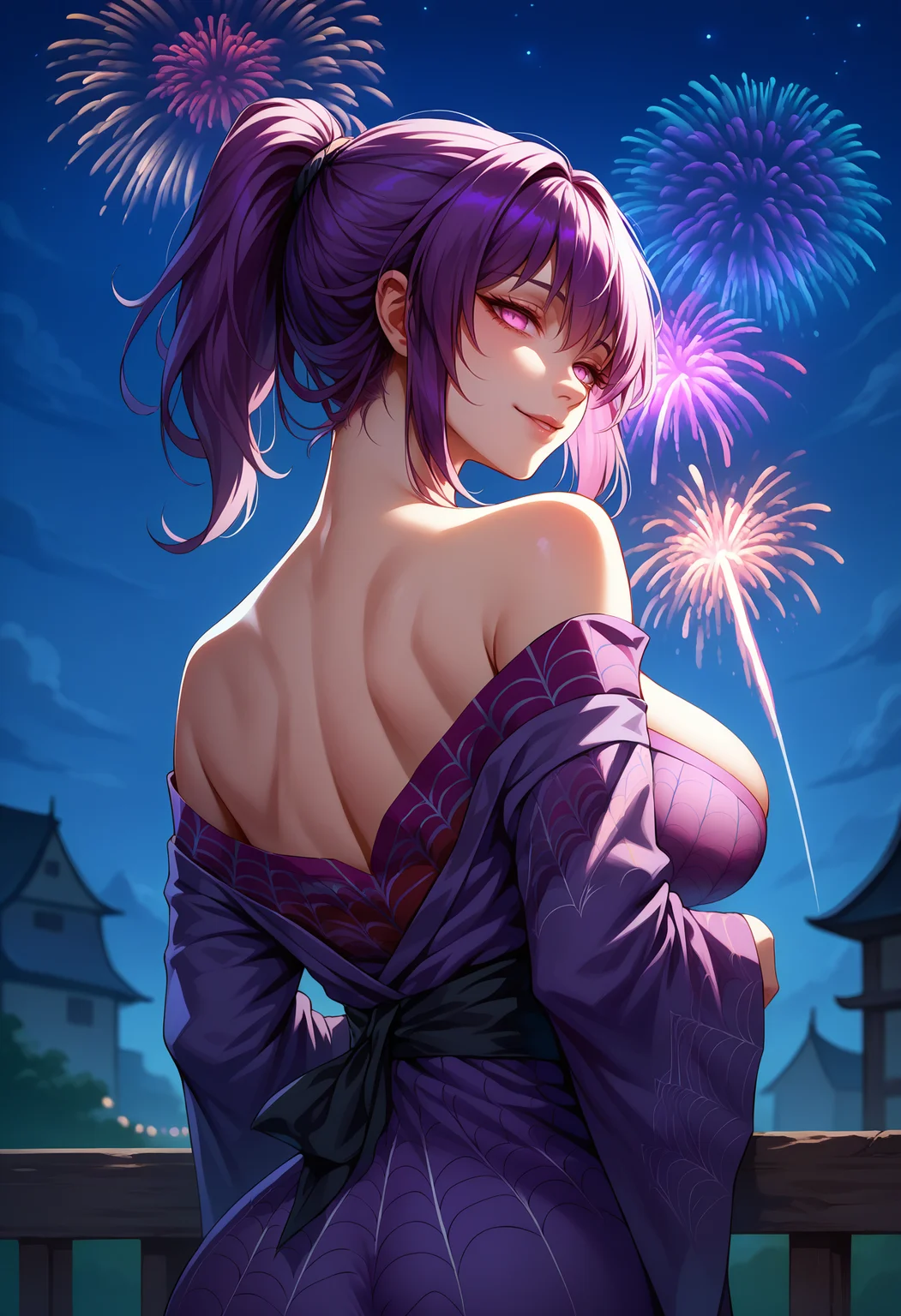 score_9,score_8_up,score_7_up,detailed,1girl,iwouldkafka,from behind,night,fireworks,purple hair,long hair,short ponytail,empty eyes,no pupils,large breasts,purple kimono,spider web print,off shoulder,looking back,seductive smile,<lora:Kafka-JeloXL-000009:1>,