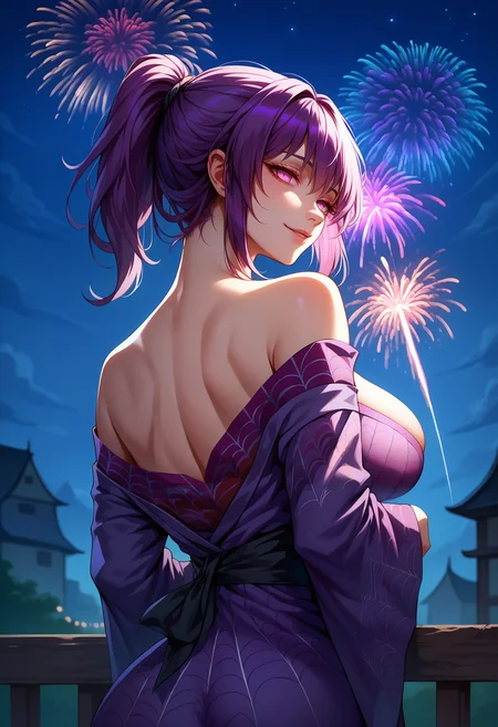 score_9,score_8_up,score_7_up,detailed,1girl,iwouldkafka,from behind,night,fireworks,purple hair,long hair,short ponytail,empty eyes,no pupils,large breasts,purple kimono,spider web print,off shoulder,looking back,seductive smile,<lora:Kafka-JeloXL-000009:1>,