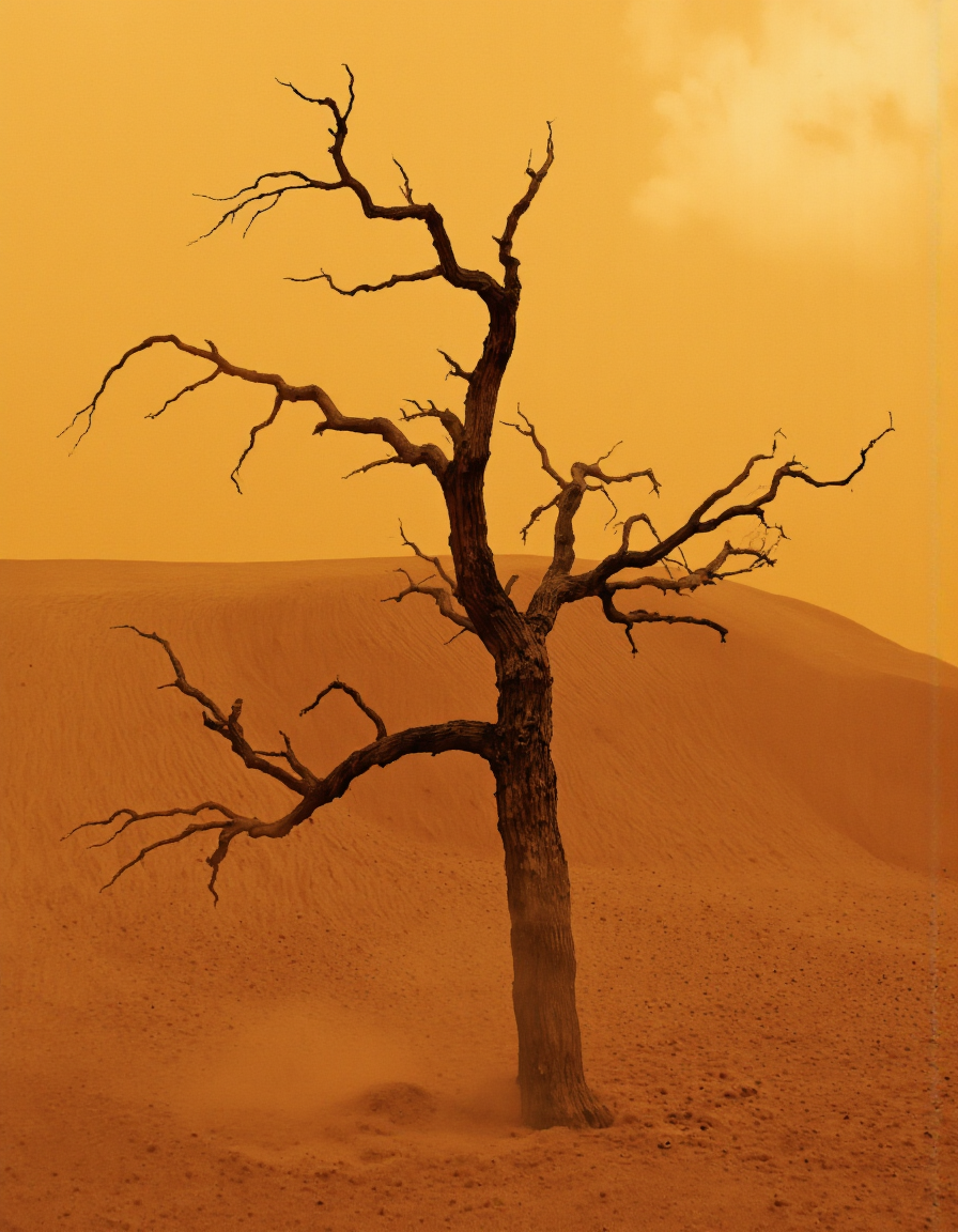 . A lone tree stands in the middle of a desert landscape, surrounded by a thick layer of dust. the tree is bare, with no leaves, and its trunk is twisted and gnarled, giving it a desolate appearance. the background is a gradient of warm oranges and yellow hues, creating a sense of depth and atmosphere. the image is taken from a low angle, looking up at the tree and the dust, which creates a dramatic contrast between the two elements. the overall mood is one of isolation and solitude, with the tree standing out against the vast expanse of the desert.