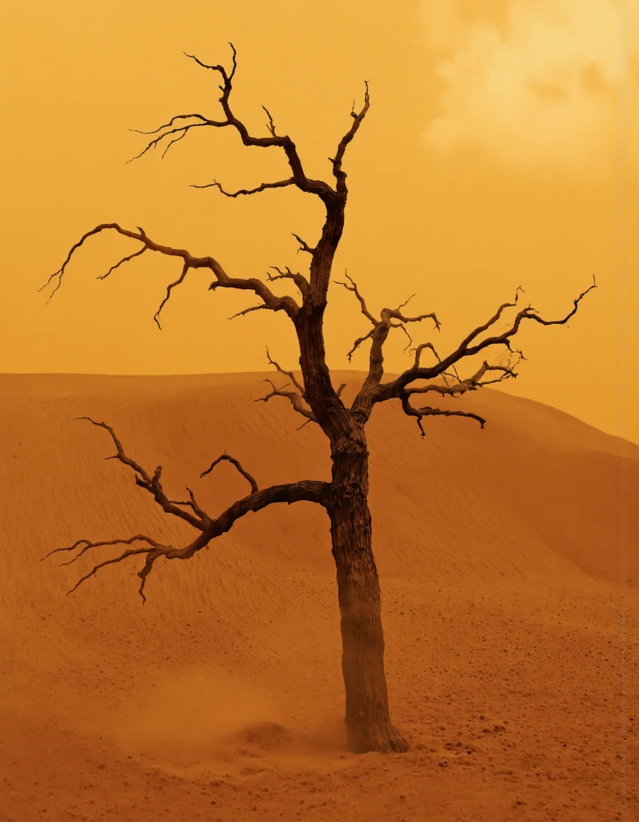 . A lone tree stands in the middle of a desert landscape, surrounded by a thick layer of dust. the tree is bare, with no leaves, and its trunk is twisted and gnarled, giving it a desolate appearance. the background is a gradient of warm oranges and yellow hues, creating a sense of depth and atmosphere. the image is taken from a low angle, looking up at the tree and the dust, which creates a dramatic contrast between the two elements. the overall mood is one of isolation and solitude, with the tree standing out against the vast expanse of the desert.