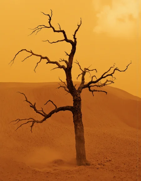 . A lone tree stands in the middle of a desert landscape, surrounded by a thick layer of dust. the tree is bare, with no leaves, and its trunk is twisted and gnarled, giving it a desolate appearance. the background is a gradient of warm oranges and yellow hues, creating a sense of depth and atmosphere. the image is taken from a low angle, looking up at the tree and the dust, which creates a dramatic contrast between the two elements. the overall mood is one of isolation and solitude, with the tree standing out against the vast expanse of the desert.