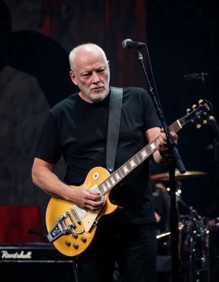 <lora:DAVID_GILMOUR:1>This is a photograph of an older man playing an electric guitar on stage. The man has a bald head and a full silver neaty trimmed beard, giving him a distinguished appearance. He is dressed casually in a plain black t-shirt and dark pants. A black leather strap is slung diagonally across his chest, holding his guitar in place. He is playing a golden Gibson Les Paul electric guitar, which has a shiny metallic finish and classic Gibson features like the trapeze tailpiece and the iconic headstock with the Gibson logo. The guitar is connected to an amplifier and a microphone stand, suggesting he is performing live.
In the background, there is a large, dark, and slightly blurred stage backdrop, which adds depth and a sense of grandeur to the scene. The backdrop has a textured, abstract design with hints of red and black, enhancing the stageâs atmosphere. The lighting is bright, highlighting the man and his guitar while casting soft shadows. The overall mood is lively and energetic, reflecting the excitement of a live musical performance. The image captures the essence of a seasoned musician engaged in his craft, with the details and textures of both the man and his guitar vividly portrayed.