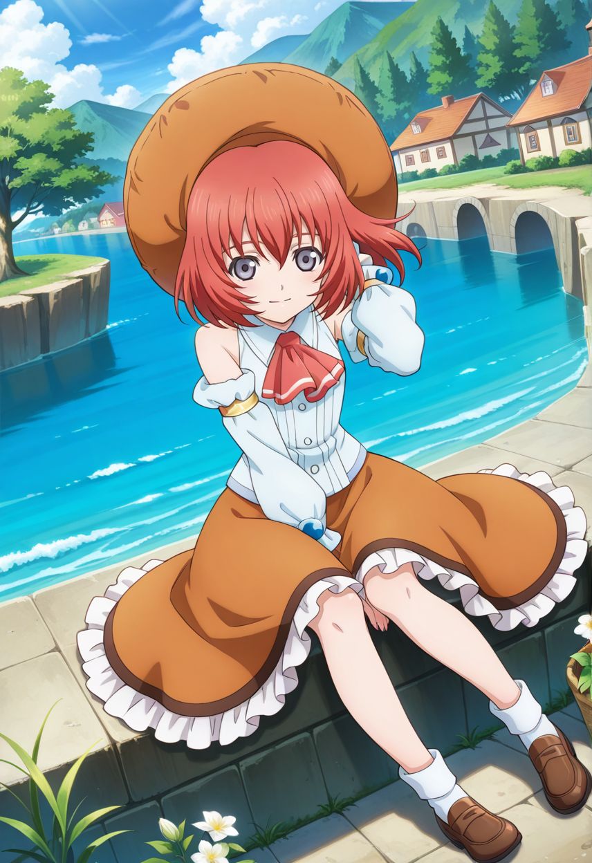 detailed eyes, beautiful, detailed background, perfect eyes,
source_anime, very aesthetic, anime coloring, masterpiece, official art,
<lora:HandFineTuning_XL:1>
BREAK,
trees, village, flowers, floating hair,
full body, sitting, light smile, hand on hair,
dynamic angle, 
BREAK,
BREAK,
<lora:seles_illustrious_v01:0.95>
orange headwear, orange hat, red hair, short hair, grey eyes, hair between eyes, sidelocks, red ascot, white shirt, sleeveless, detached sleeves, orange skirt, frills, white socks, black loafers,