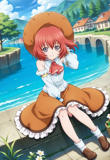 detailed eyes, beautiful, detailed background, perfect eyes,
source_anime, very aesthetic, anime coloring, masterpiece, official art,
<lora:HandFineTuning_XL:1>
BREAK,
trees, village, flowers, floating hair,
full body, sitting, light smile, hand on hair,
dynamic angle,
BREAK,
BREAK,
<lora:seles_illustrious_v01:0.95>
orange headwear, orange hat, red hair, short hair, grey eyes, hair between eyes, sidelocks, red ascot, white shirt, sleeveless, detached sleeves, orange skirt, frills, white socks, black loafers,