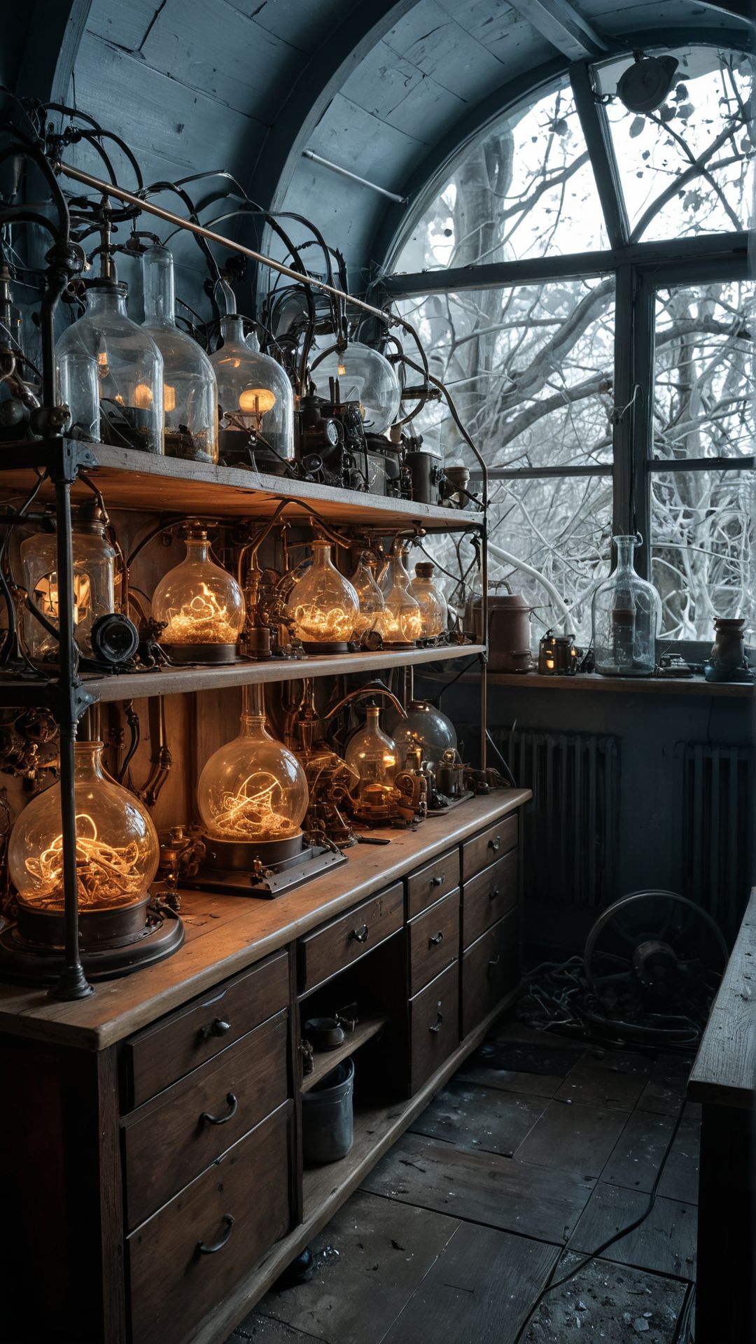 "An intricate steampunk laboratory, filled with bizarre and fantastical inventions. Brass and copper machinery hums with energy, while tubes and wires snake across the room. A large, glass dome in the center contains a miniature, self-sustaining ecosystem with tiny, clockwork creatures. The walls are lined with shelves filled with strange artifacts and alchemical ingredients." 
(zavy-nfrrd, infrared, monochrome, white, light-blue highlights:1.1)
 <lora:zavy-nfrrd-sdxl:1> 
many details, extreme detailed, full of details,
Wide range of colors, high Dynamic
 <lora:add-detail-xl:0.95>
 <lora:WildcardX-XL-Detail-Enhancer:0.9>