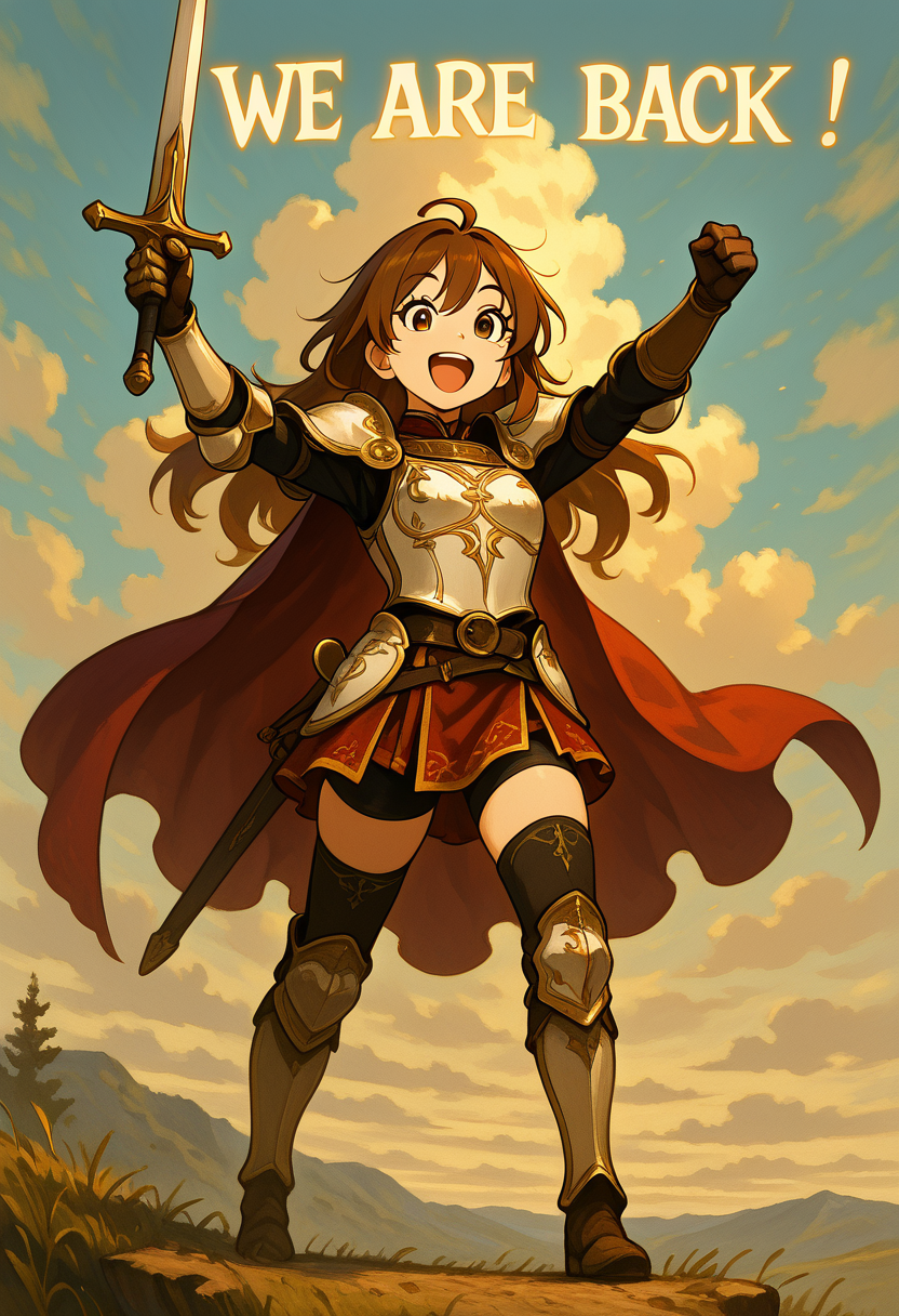 masterpiece, best quality, 1girl, solo, eyelashes, (beautiful eyes),    We4reSoB4ck, 1girl, solo, long hair, looking at viewer, smile, open mouth, bangs, brown hair, thighhighs, gloves, holding, hair between eyes, brown eyes, standing, full body, weapon, ahoge, :d, boots, outdoors, sky, shorts, teeth, belt, sword, black thighhighs, cloud, cape, holding weapon, armor, arm up, upper teeth only, holding sword, black shorts, bike shorts, shoulder armor, gauntlets, clenched hand, breastplate, red cape, armored boots, greaves, shorts under skirt, knight  ,<lora:We4reSoB4ck_IXL_v1:1.0>,