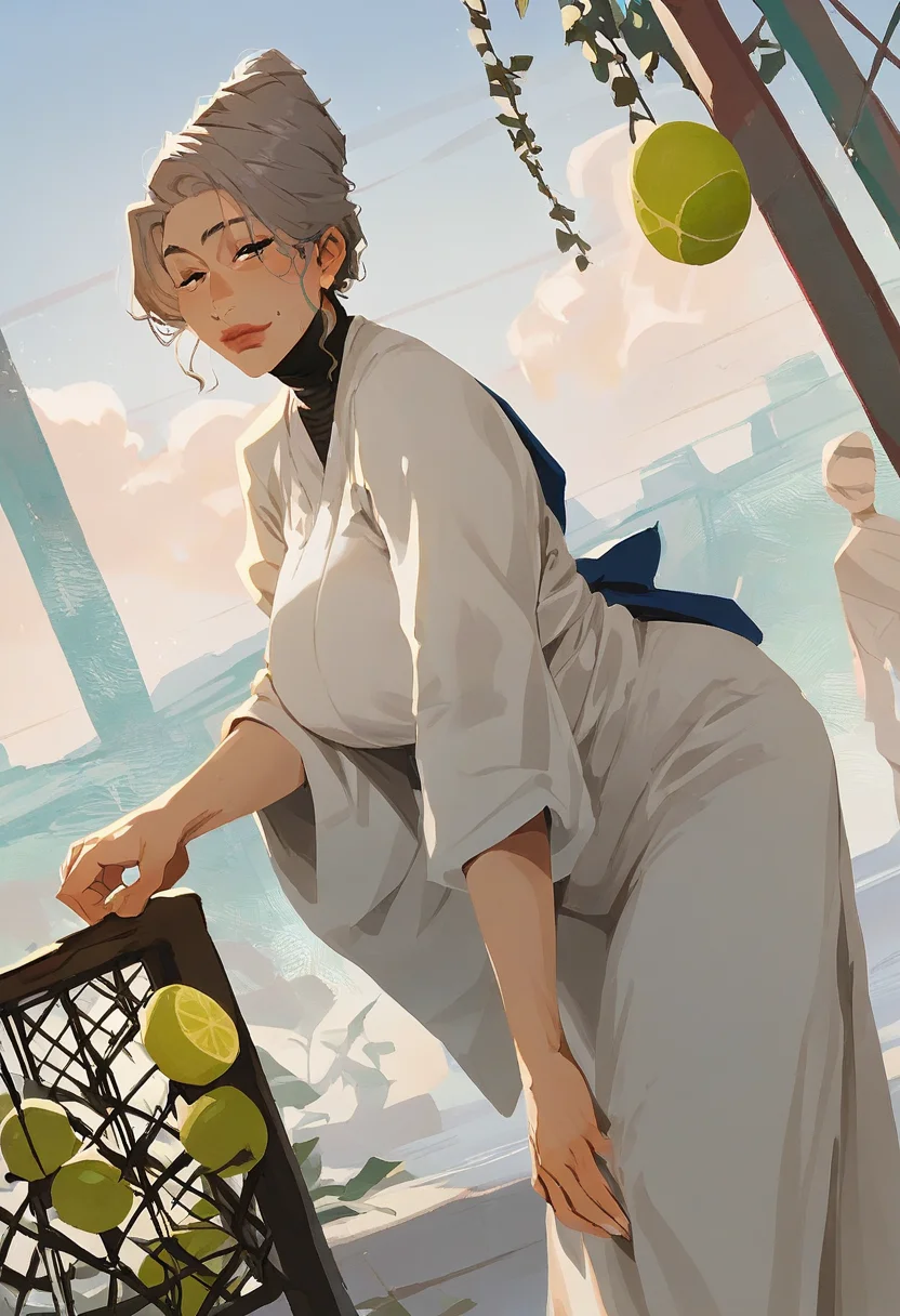 source_anime, score_9, score_8_up, score_7_up, 1girl, mature_female, solo, Bending over with hands touching toes, dutch angle, (Lime Breasts), gray hair, cut-in, rating_safe, <lora:sdxl\pony diffusion\artist_styles\incase_new_pony:1.0>