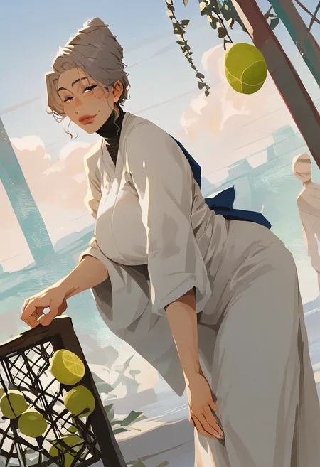 source_anime, score_9, score_8_up, score_7_up, 1girl, mature_female, solo, Bending over with hands touching toes, dutch angle, (Lime Breasts), gray hair, cut-in, rating_safe, <lora:sdxl\pony diffusion\artist_styles\incase_new_pony:1.0>