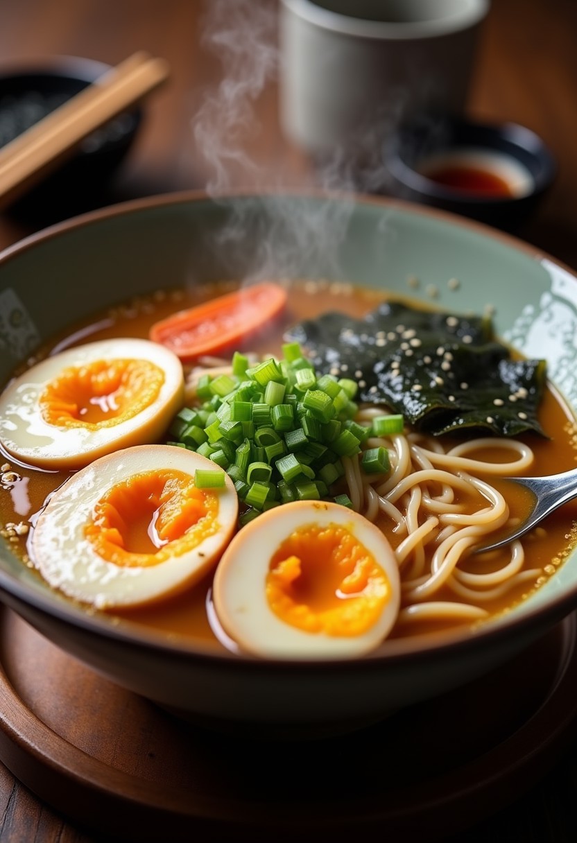 A perfect steaming bowl of ramen, thing noodles, light clear broth, half a boiled egg, chopped green onions, naruto, kelp, sesame seeds, chopsticks on the side, ramen spoon on the right,
Photorealistic, Highly detailed, masterpiece, 4k, high resulution, great lighting,