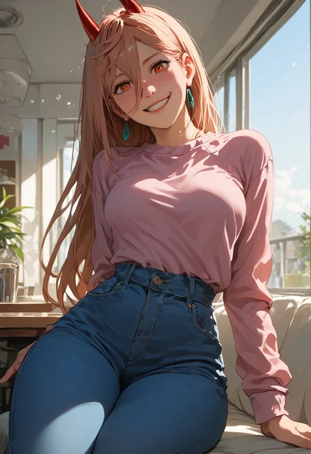 masterpiece,best quality, highly detailed, score_9, score_8_up, score_7_up, score_6_up, hyperrealistic,
BREAK
1girl, (((Power from Chainsaw Man, sexy, adult, red horns, slender, thick thighs ))), perky breasts, thick thighs, (((sexy pose, closeup, focus on face, waist up photo, portrait)),
, (((jeans, high waist jeans, midriff, pink shirt,, closeup, looking at viewer,, drunk, shy smile)))
((Sitting,, cafe,, cute, ))),, coffee shop, morning, by window, shadows, (((sexy setting,view from front or side, thighs focus, eye level, sunlight on body romantic, hidden))); , , vibrant colors, soft focus, textured surfaces, depth of field, dim, rich details,,background, (((solo)))