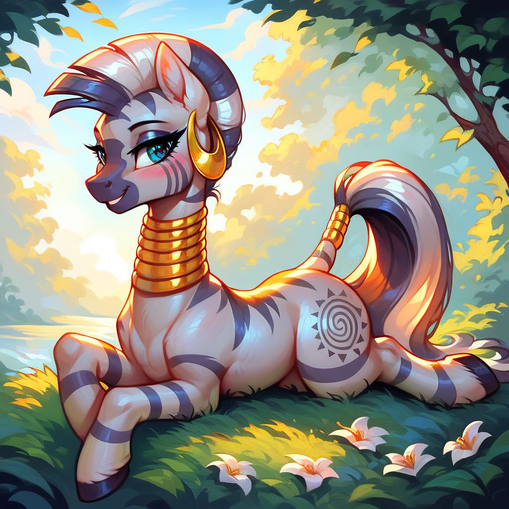 masterpiece, score_9, score_8_up, score_7_up, score_6_up, (best quality:1.1), ultra-detailed, high resolution, 1character, Zecora, mare, zebra, g4, female, mare, half closed eyes, eyeshadow, smiling, blushing, outdoors, detailed beach background, tail, high quality, sharp, the quality of ai art is frightening, watercolor, highly detailed, (((beautiful detailed eyes))), Long eyelashes, Highly Visible, (((8k))), sharp focus, perfect lighting, beautiful eyes, long eyelashes, anatomically correct, extremely detailed, shine on body, high detail, cute facial expression, Expressiveh, detailed background, OverallDetail, zPDXL2