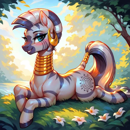 masterpiece, score_9, score_8_up, score_7_up, score_6_up, (best quality:1.1), ultra-detailed, high resolution, 1character, Zecora, mare, zebra, g4, female, mare, half closed eyes, eyeshadow, smiling, blushing, outdoors, detailed beach background, tail, high quality, sharp, the quality of ai art is frightening, watercolor, highly detailed, (((beautiful detailed eyes))), Long eyelashes, Highly Visible, (((8k))), sharp focus, perfect lighting, beautiful eyes, long eyelashes, anatomically correct, extremely detailed, shine on body, high detail, cute facial expression, Expressiveh, detailed background, OverallDetail, zPDXL2