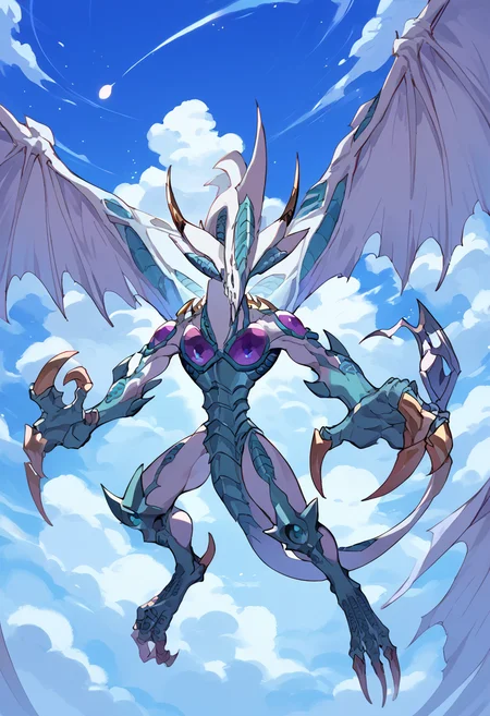score_9,score_8_up,score_7_up,source_anime,zPDXL3,sky,star (sky),flying,cloud,
*//*,<lora:StardustDragon_Pony:1>,stardustdragon_ygo,no humans,solo,duel monster,dragon,wings,tail,claws,horns,
*//*,looking at viewer,cowboy shot,dutch angle,