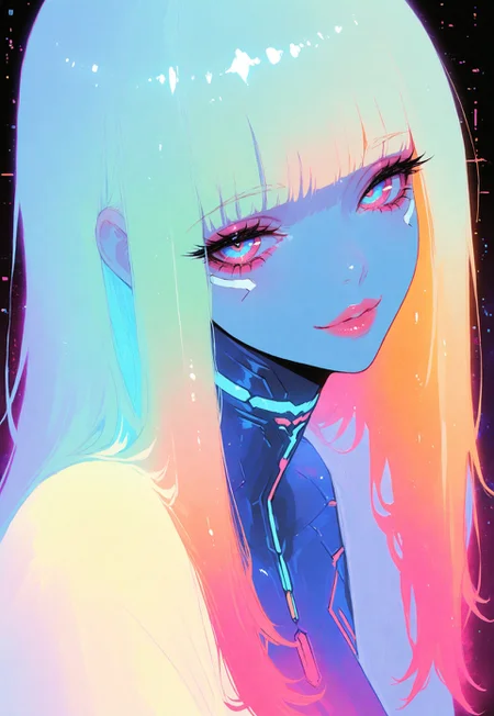 safe_pos, very aesthetic, best quality, amazing quality, masterpiece, newest, shiny highlights, sensational, Soft and warm color palette, subtle details, surreal and eerie  cyberpunk ambient, cyberpunk, 1girl, seductive,  bright surreal background, xxx667_illu,glowing