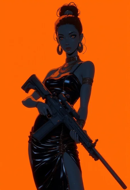 ((A striking woman in a tight, shimmering black prom dress stands confidently, her form-fitting gown adorned with tiny sparkling particles that catch the light, creating an ethereal glow. She holds a sleek, modern rifle in a poised shooting position, her gaze focused and intense. The delicate glitter of her dress contrasts with the deep orange background, giving a surreal and glamorous edge to the scene. Her figure exudes elegance and power, blending the soft shimmer of the dress with the precise lines of the rifle, creating a captivating and unique visual.))