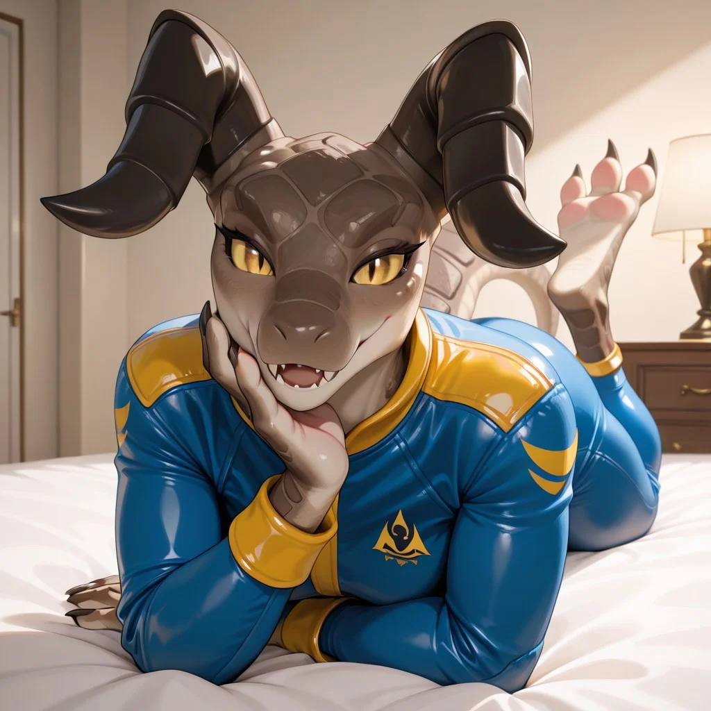 1girl, highres, absurdres, newest, masterpiece, best quality, furry, furry_female, Lizzy_mommyclaw, monster girl, curved horns, black horns, brown scales, light underbelly, yellow sclera, slit pupils, snout, claws, tail, clawed feet, anthro, vault suit, blue bodysuit, yellow trim, tight jumpsuit, detailed eyes, (on_bed, on_stomach, hand on chin), open_mouth, open mouth smile, luxurious detailed room, bright room, day scene, professional lighting, white bed, solo, bedroom, smiling, seductive, looking_at_viewer, masterpiece, close up, safe