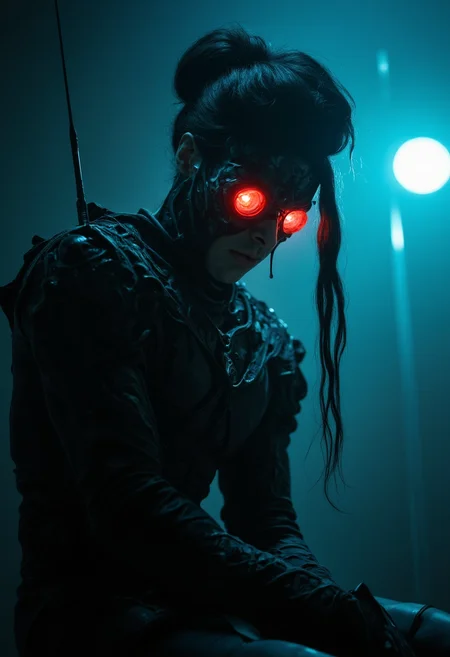 A realistic, athletic cyborg man, fully dressed in a black suit, large electronic lenses with red lights inside his head implanted in place of his eyes (a communication wire in his ear), with a black walkie-talkie and a short antenna in his hand, leaned towards us (looking at us). Bottom view.. ((locker room, dressing room, fitting room)), ((very low camera angle)),, bent over, ((mouth open in surprise)), upset, angry, hidden camera, hidden security camera, voyeur, turns away from the viewer .., 

, sharp focus, stark lighting, medium-format camera, art by Helmut Newton, fashion photography, high-contrast, dramatic lighting, striking composition, confident and empowered woman, strong and assertive pose, fashion, sensuality, high end clothing, luxury accessories,dynamic pose, bdsm props,,

igiex.  
.. 
. The background is minimalist, a gradient of shadowy blue tones, amplifying the ethereal and futuristic ambiance of the scene. The overall composition feels cinematic, blending high fashion with a science fiction aesthetic. . Exquisite cyberpunk. retroFuturism. . 
 (Depth of field), low saturation,detail. mythp0rt Stylish, charismatic.

(depth of field)
mythp0rt,
nigiex.  
. vantablack