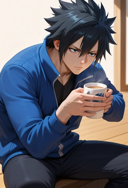masterpiece, best quality, , semi-realistic, , 1boy, solo, male focus, <lora:gray_fullbuster_ilxl:0.92>, gray_fullbuster, black hair, black eyes, spiked hair, hair between eyes, , , holding a cup, blank stare, lost in thought, sitting pose, warm tones,