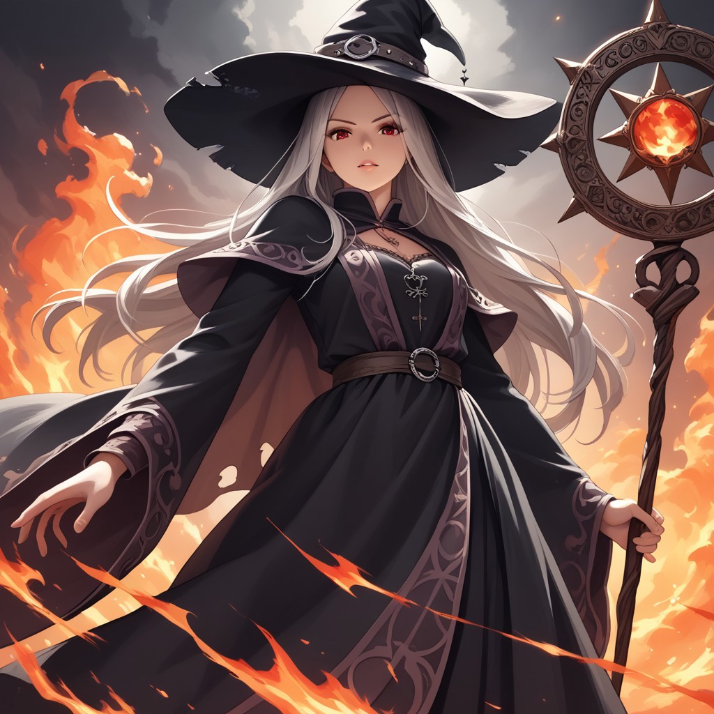 long hair,red eyes,silver hair,
witch,sorceress robe,witch hat,nontraditional
torn robe
disdain,looking at viewer
holding staff
Attacking with fire magic
low-angle view
score_9, score_8_up, score_7_up,  masterpiece,  best quality, source_anime, source_hentai, uncensored,detailed background,