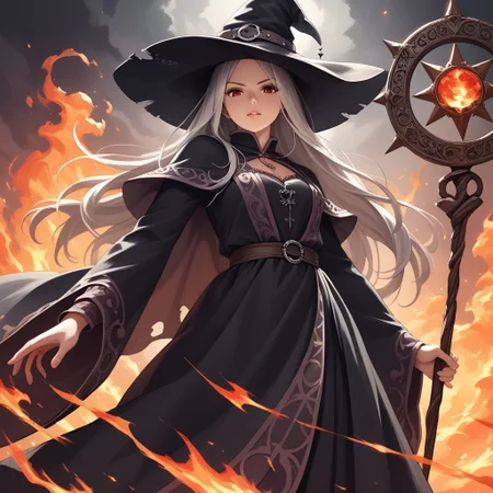 long hair,red eyes,silver hair,
witch,sorceress robe,witch hat,nontraditional
torn robe
disdain,looking at viewer
holding staff
Attacking with fire magic
low-angle view
score_9, score_8_up, score_7_up,  masterpiece,  best quality, source_anime, source_hentai, uncensored,detailed background,