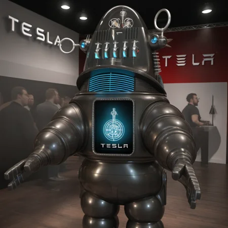 HDR photo of a robot is hosting a Tesla Tedx, text ''TESLA'', tesla logo<lora:Robby1024:0.6> . High dynamic range, vivid, rich details, clear shadows and highlights, realistic, intense, enhanced contrast, highly detailed