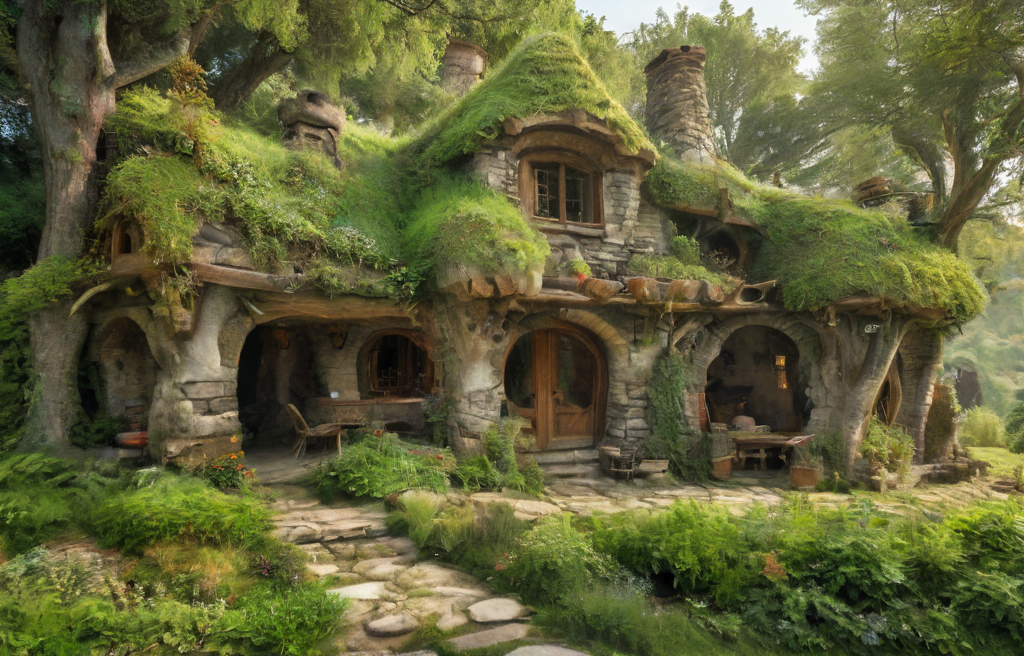 in front hangs a one-story fabulously magical house of a fairy, a wizard, a wizard, built of stone, covered and merged with nature, the roof reaches the ground and is completely covered with grass and green grass, a large veranda. from in front of a table and chairs made of branches, a large barbecue, windows, stone chimney, spacious inside, avant-garde ecologically independent house merging with nature built from natural materials found in nature, fantastic fairytale style, photorealism, sense of harmony and tranquility, relaxation, fantasy and magic, magic, paradise <lora:MJ52_v2.0:1> <lora:xl_more_art-full_v1:1>