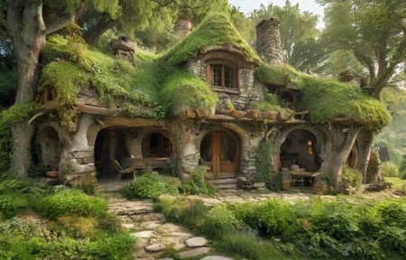 in front hangs a one-story fabulously magical house of a fairy, a wizard, a wizard, built of stone, covered and merged with nature, the roof reaches the ground and is completely covered with grass and green grass, a large veranda. from in front of a table and chairs made of branches, a large barbecue, windows, stone chimney, spacious inside, avant-garde ecologically independent house merging with nature built from natural materials found in nature, fantastic fairytale style, photorealism, sense of harmony and tranquility, relaxation, fantasy and magic, magic, paradise <lora:MJ52_v2.0:1> <lora:xl_more_art-full_v1:1>