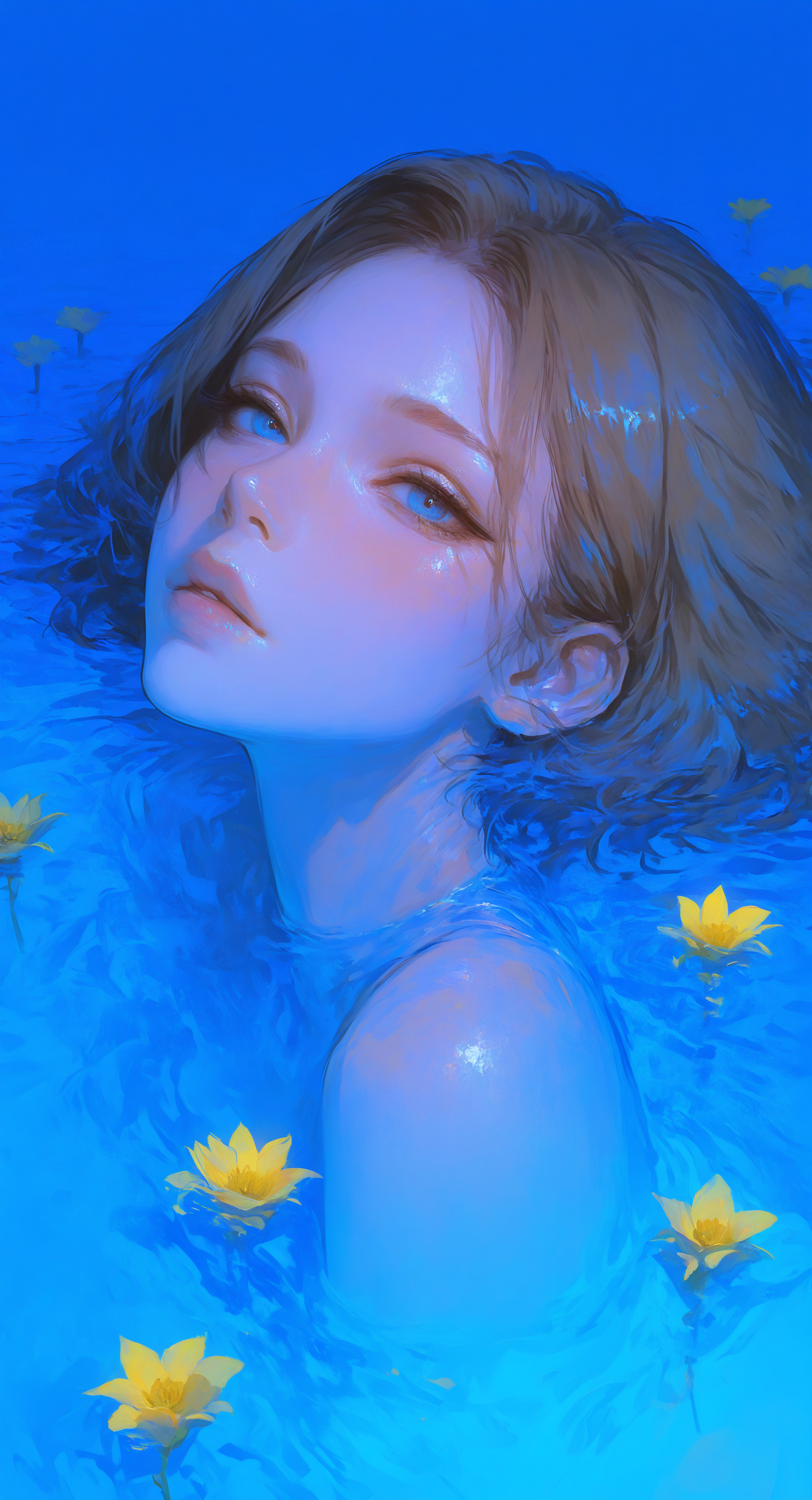 masterpiece, best quality, good quality, very awa, very aesthetic, absurdres, newest,1girl, 1girl, solo, looking_at_viewer, short_hair, blue_eyes, brown_hair, upper_body, flower, parted_lips,water, lips, blue_background, forehead, partially_submerged, yellow_flower, blue_theme, nose, refraction realistic <lora:ponyv4_noob1_2_adamW-000017:0.7> <lora:USNR_STYLE_XL_lokr:0.45> <lora:748cmSDXL:0.4>