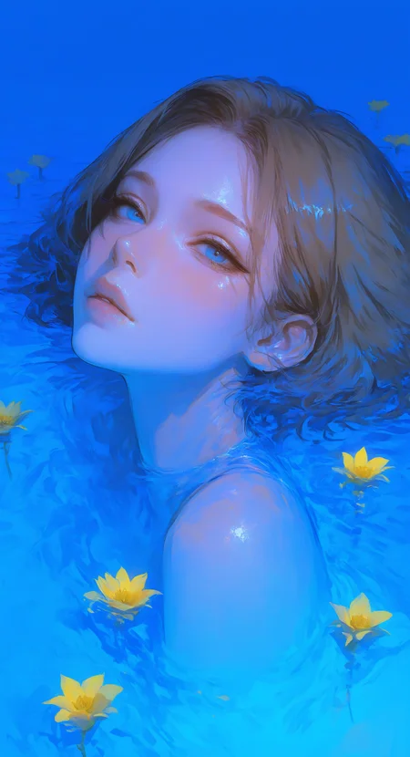masterpiece, best quality, good quality, very awa, very aesthetic, absurdres, newest,1girl, 1girl, solo, looking_at_viewer, short_hair, blue_eyes, brown_hair, upper_body, flower, parted_lips,water, lips, blue_background, forehead, partially_submerged, yellow_flower, blue_theme, nose, refraction realistic <lora:ponyv4_noob1_2_adamW-000017:0.7> <lora:USNR_STYLE_XL_lokr:0.45> <lora:748cmSDXL:0.4>