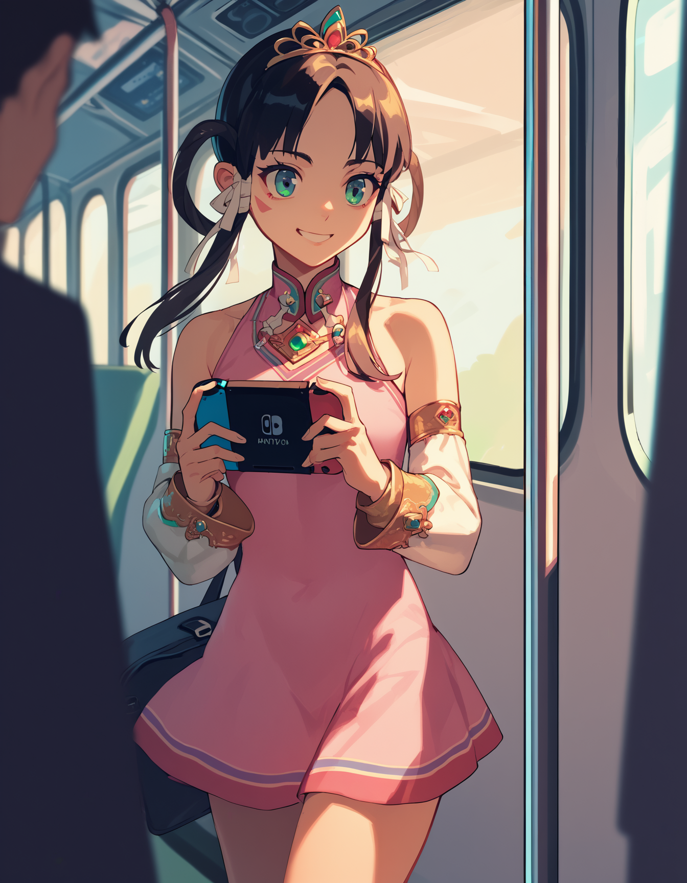 score_9,  score_8_up, score_7_up, source_anime <lora:rayfa-ponyxl-000017:1> rayfa, tiara, bare shoulders, short dress, pink dress, detached sleeves,
1girl, nintendo switch, happy, train interior, sunset