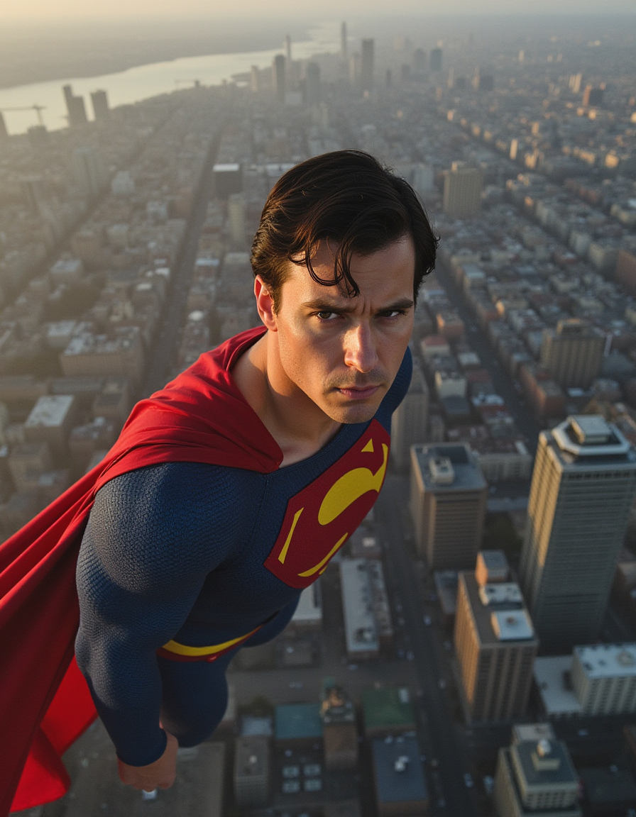 closeup head and shoulder portrait of a morose superman in flight. Aerial view above metropolis, looking down pensively late in the afternoon. 