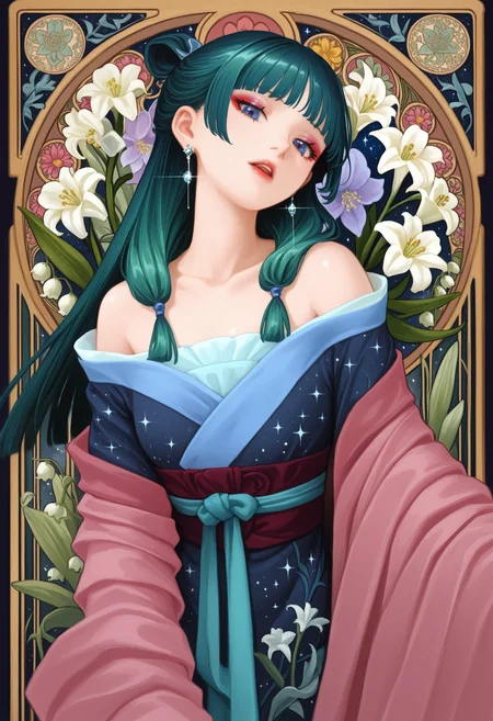 painterly, artist:[john everett millais|reddizen|yoneyama mai|cursedweeboo|daodtt|diao \(nrays\)|ravine bells|svveetberry],
maomao \(kusuriya no hitorigoto\),
white flower, lily \(flower\), earrings, solo, blue flower, blunt bangs, yellow flower, white lily, long hair, red lips, pink flower, purple flower, looking at viewer, blue eyes, lily of the valley, eyeshadow, glint, bare shoulders, lipstick, parted lips, collarbone, bud, hime cut, green hair, open mouth, head tilt, off shoulder, dancing, floral background, dark blue dress, hanfu, sash, unmoving pattern, blending, art nouveau, starry sky, space print, sparkle, blunt ends, sidelocks, 
impasto, brushstroke, impressionism, chiaroscuro, oil painting \(medium\), newest, absurdres, masterpiece, very aesthetic