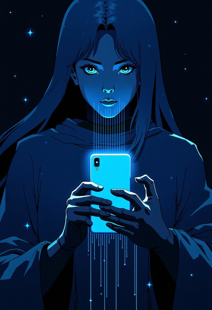 Flat color ff-fbs style image, Slomesty. This high-contrast, sleek composition in deep midnight blue and pale cyan highlights creates a cold, futuristic atmosphere. The stylized, Art Nouveau curves are reduced to their simplest form, highlighting a minimalist silhouette. The elongated, metallic figure of the woman is a digital phantom, her body composed of smooth, seamless metallic surfaces with faint glowing lines suggesting circuitry beneath. Her long, flowing hair, a single ribbon of dark blue, merges into the void.
In this close-up portrait, she gazes directly at the viewer over the thin, glowing cyan smartphone she holds in both hands. The screen emits a soft, pulsating light, the only illumination in the scene. Tiny strands of luminescent data flow from her fingers, blending with the device's surface, as if she is not simply holding the phone but becoming one with it—her thoughts and the digital world merging into a unified existence.