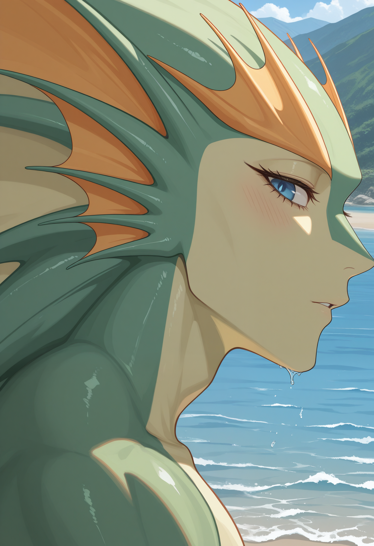 masterpiece,best quality,amazing quality, 1boy, solo, r1ku0, merman, green skin, blue eyes, close up, side angle, lake, looking at viewer, outdoors, 