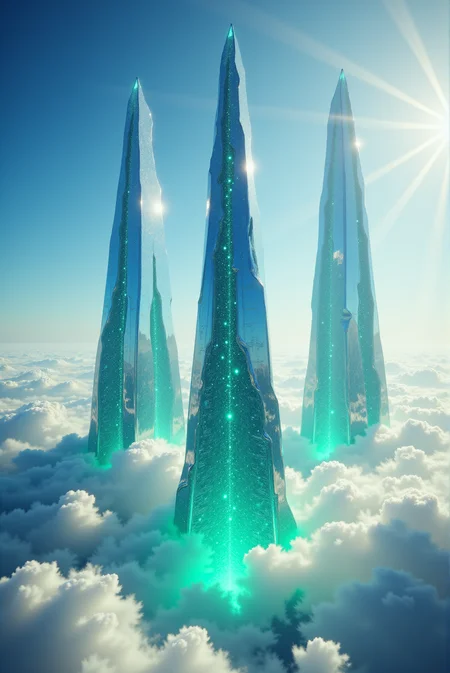 <lora:Legacy_of_the_forerunners_v.2:0.8>
Rising from a sea of glowing white clouds, three monumental crystalline towers pierce the stratosphere, their impossibly smooth, translucent surfaces shimmering in a radiant interplay of azure and teal. The central spire, tapering to a razor-thin pinnacle, exhibits a graceful hyperboloid contour, flaring at its midpoint like a futuristic obelisk forged from liquefied sapphire, infused with bioluminescent circuitry that pulses in harmonic waves of turquoise light. Flanking it, two rectangular towers ascend with geometric elegance, their segmented facades inlaid with intricate microchip-like lattices and pulsating circular nodes that resemble a digital constellationâeach a beacon of latent energy and advanced knowledge. The glass-like materials refract sunlight into prismatic bursts, while surface textures reflect the surrounding sky in dreamlike fidelity, blending realism with an ethereal digital surrealism. Illuminated from beneath by a soft emerald glow that seems to rise from within the clouds themselves, the towers radiate an ambient light that fuses atmospheric and architectural luminance. Shot from a high aerial perspective with a deep-focus cinematic lens, the scene captures a breathtaking moment of vertical majesty and transcendent stillness, situating the architecture within a high-concept fusion of techno-organic minimalism and utopian vertical futurism.